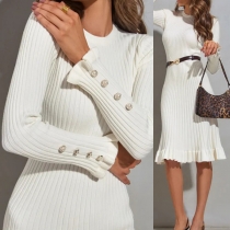 Fashion Crew Neck Long Sleeve Ruffle Hemline Ribbed Dress