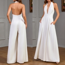 Fashion Halterneck V-neck High-rise Side Pockets Wide-leg Jumpsuit