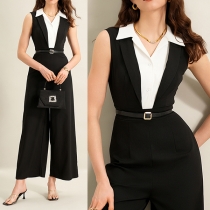 Fashion Contrast Color Stand Collar Sleeveless Straight-cut Jumpsuit