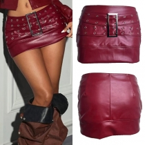 Street Fashion Low-rise Square Buckle Artificial Leather PU Mini Skirt