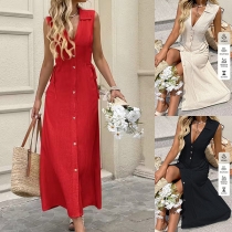 Boho-chic Lapel Collar V-neck Front Button Sleeveless Side Drawstring Dress