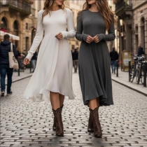 Fashion Crew Neck Long Sleeve High-rise Midi Dress