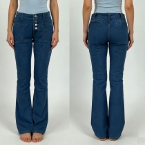 Vintage Front Button High-rise Patch Pockets Wide-leg Jeans