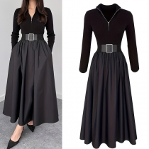 Fashion Half-zipper V-neck Long Sleeve High-rise Dress with Belt