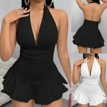 Sexy Halter Neck V-neck Backless Ruffle Hemline Romper