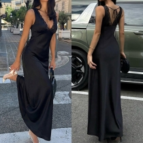 Sexy Lace Spliced V-neck Sleeveless Backless Satin Midi Dress