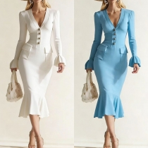 Elegant V-neck Trumpet Long Sleeve Front Button Patch Pockets Fishtail Hemline Bodycon Dress