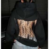Street Fashion Hooded Long Sleeve Back Mesh Spliced Sweatshirt