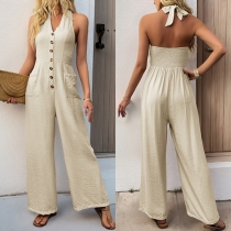 Fashion Halterneck V-neck Front Button Patch Pockets Backless Straight-cut Jumpsuit