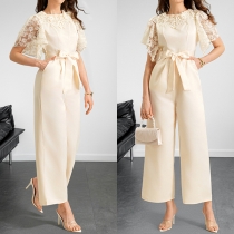 Elegant Lace Spliced Crew Neck Short Sleeve Self-tie Straight-cut Jumpsuit