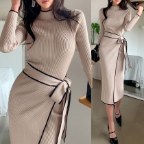 Fashion Contrast Color Mock Neck Long Sleeve Ribbed Wrap Dress