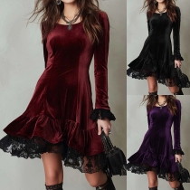 Fashion Crew Neck Long Sleeve Lace Spliced Hemline Velvet Dress