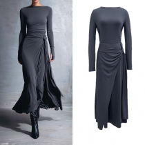 Fashion Crew Neck Long Sleeve Side Knot Wrap Dress