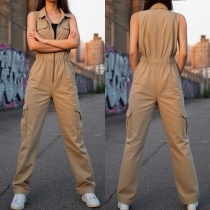 Street Fashion Half-zipper V-neck Sleeveless Side Patch Pockets Cargo Jumpsuit