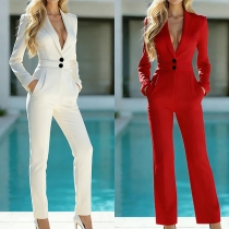 Elegant Notch Lapel V-neck Button High-rise Straight-cut Jumpsuit