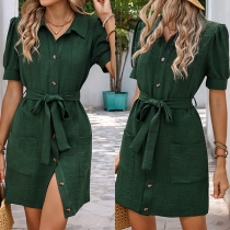 Fashion Stand Collar Front Button Short Sleeve Patch Pockets Self-tie Shirt Dress