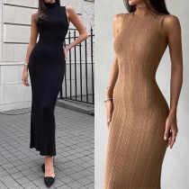 Elegant Mock Neck Sleeveless Ribbed Bodycon Dress