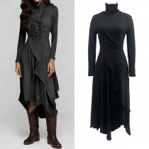 Fashion Mock Neck Long Sleeve Irregular Slit Hemline Dress