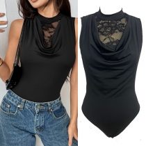 Fashion Lace Spliced Draped Neck Sleeveless Bodysuit