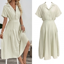 Casual Lapel V-neck Short Sleeve Side Pockets Midi Dress