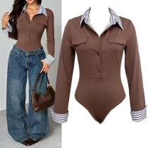 Fashion Stripe Printed Spliced Lapel Collar Button V-neck Long Sleeve Bodysuit