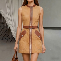 Fashion Artificial Leather PU Spliced Crew Neck Sleeveless Front Zipper Dress with Belt