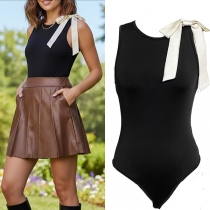 Fashion Crew Neck Sleeveless White Bowknot Bodysuit