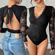 Sexy V-neck Backless Long Sleeve Lace Bodysuit