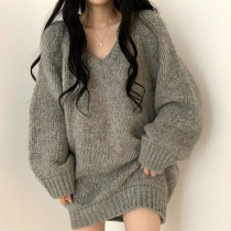 Casual Solid Color V-neck Batwing Long Sleeve Knitted Sweater