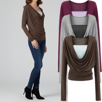 Elegant Contrast Color Draped Neck Batwing Sleeve Mock Two-piece Shirt