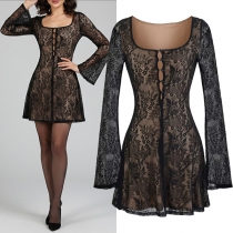 Vintage Square Neck Front Button Trumpet Long Sleeve Lace Dress