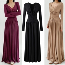 Elegant Lace Spliced V-neck Ruched High-rise Maxi Dress