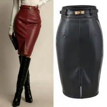 Fashion High-rise Front Slit Artificial Leather PU Pencil Skirt with Belt