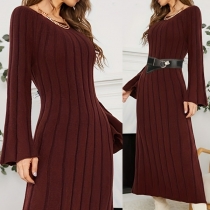 Fashion V-neck Trumpet Long Sleeve Ribbed Dress