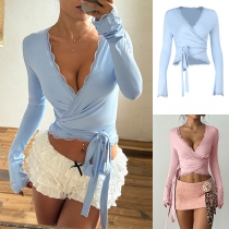 Fashion Lace Spliced V-neck Long Sleeve Wrap Shirt