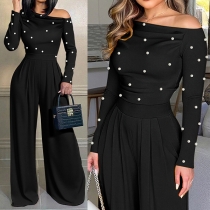 Fashion Beaded Slant Shoulder Long Sleeve High-rise Wide-leg Jumpsuit