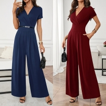 Fashion V-neck Short Sleeve High-rise Wide-leg Jumpsuit