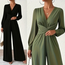 Fashion V-neck Long Sleeve Criss-cross High Waist Wide-leg Jumpsuit