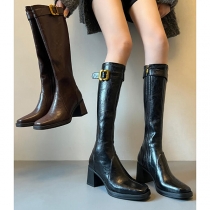 Vintage Side Zipper Buckle Square Toe Block Heeled Artificial Leather PU Boots