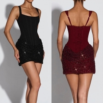 Fashion Square Neck Bling-bling Sequined Bodycon Corset-style Party Dress