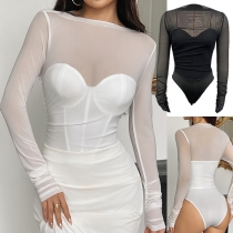 Sexy Gauze Sweetheart Neckline Long Sleeve Semi-through Corset-style Bodysuit