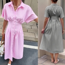 Fashion Vertical Stripe Printed Stand Collar Short Sleeve Front Button Shirt Dress