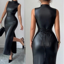 Fashion Crew Neck Sleeveless Side Slit Back Lace-up Bodycon Dress