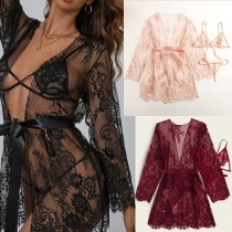 Sexy Three-piece Jacquard Lace Nightwear Set Consist of Self-tie Robe, Brassie and Low-rise Panties