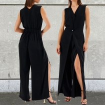 Fashion V-neck Sleeveless Front Slit Jumpsuit