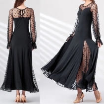 Fashion Polka-dot Gauze Spliced Crew Neck Long Sleeve Midi Dress