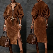 Fashion Lapel Collar Half-zipper Long Sleeve Drawstring Waist Side Slit Artificial Suede Dress