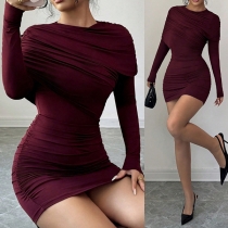 Fashion Crew Neck Long Sleeve Ruched Bodycon Dress