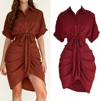 Fashion Stand Collar Short Sleeve Front Button Self-tie Ruched Bodycon Shirt Dress