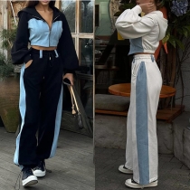 Street Fashion Denim Spliced Two-piece Set Consist of Crop Hooded Sweatjacket and Drawstring Sweatpants